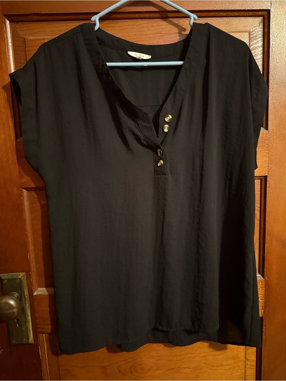 Maurices Black Short-Sleeve V-Neck Blouse with Button Placket